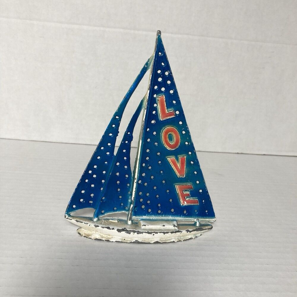Vintage Sailboat Earring Holder Nautical LOVE Red White Blue Rustic